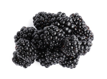 Photo of Tasty ripe blackberries on white background, top view