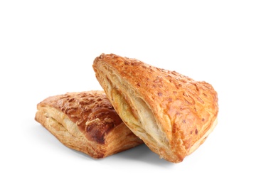 Fresh tasty puff pastry on white background