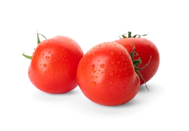 Fresh ripe red tomatoes on white background