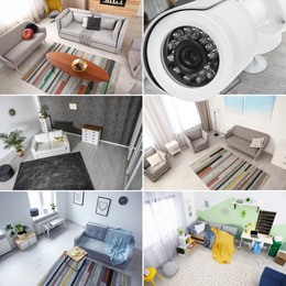 Image of View of rooms through CCTV cameras. Collage