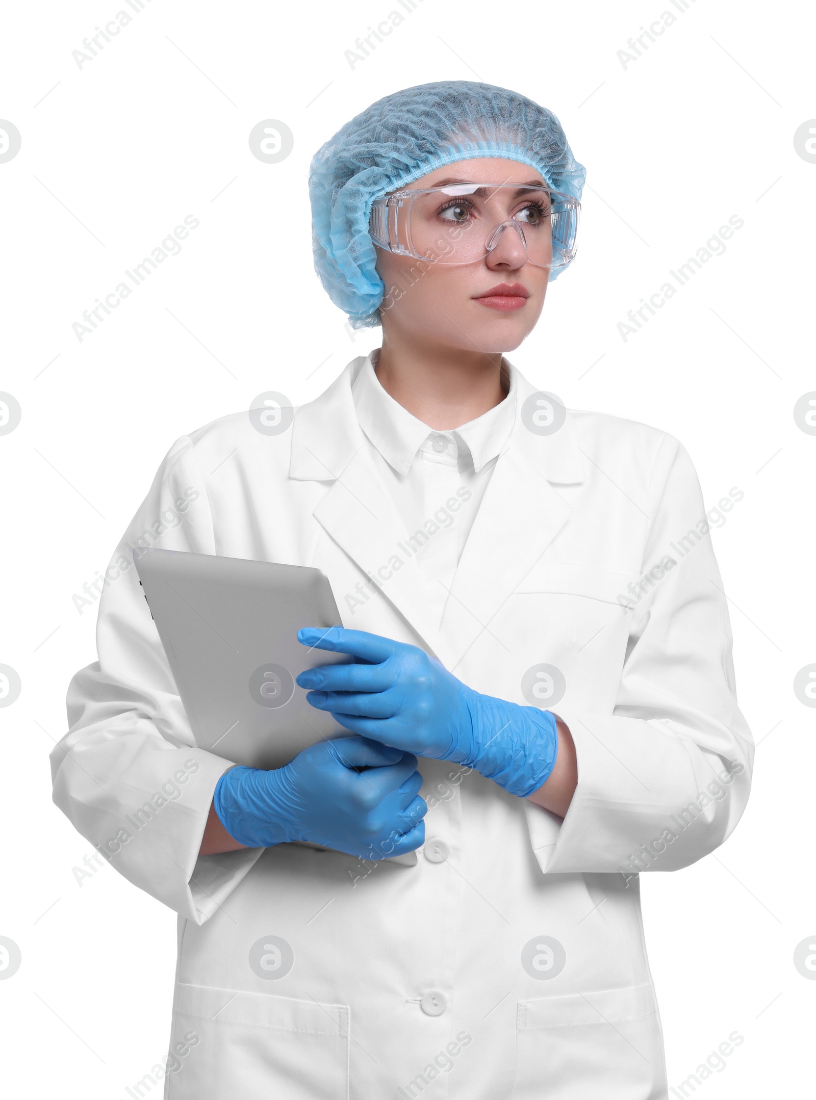 Photo of Quality control. Food inspector with tablet on white background