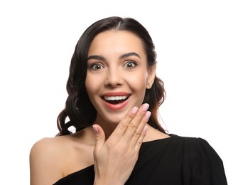 Portrait of surprised woman on white background