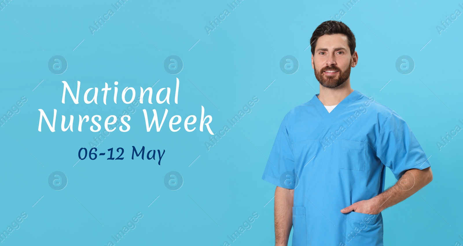 Image of National Nurses Week, May 06-12. Nurse in medical uniform on light blue background, banner design