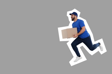 Image of Happy courier with parcel running on grey background, space for text