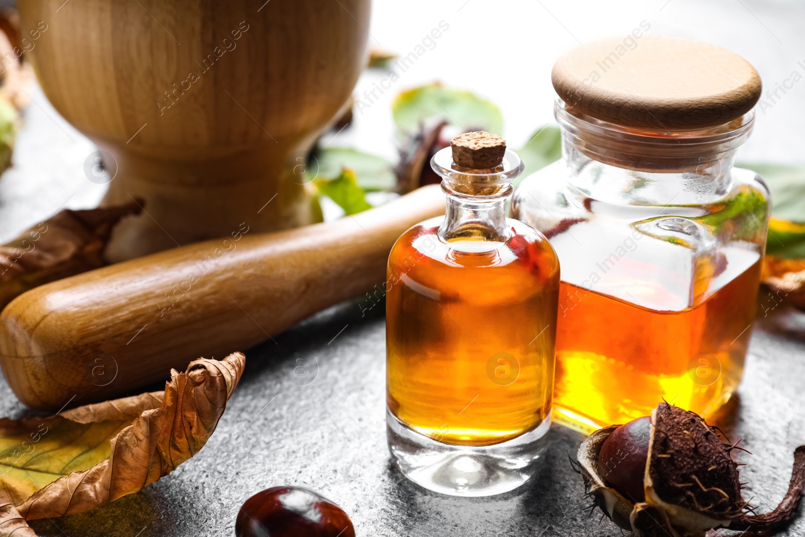 Photo of Horse chestnuts, leaves and bottles of tincture on grey table