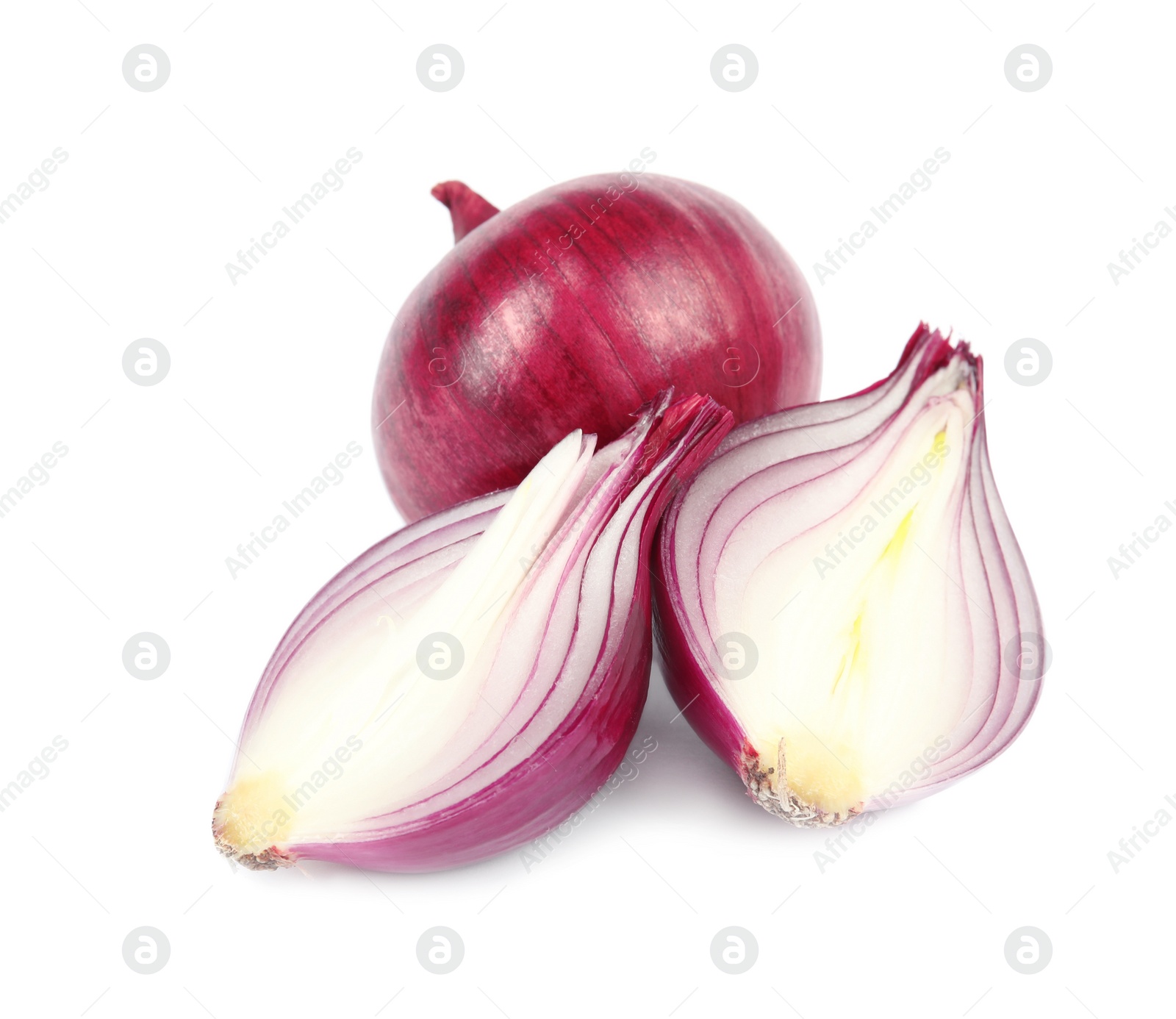 Photo of Fresh whole and cut red onions on white background