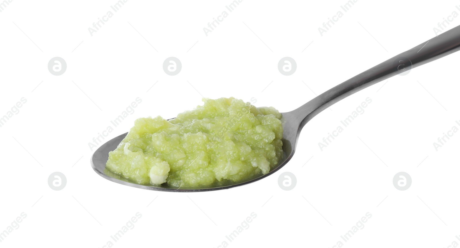 Photo of Spoon with tasty puree on white background