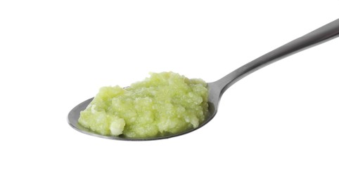 Photo of Spoon with tasty puree on white background
