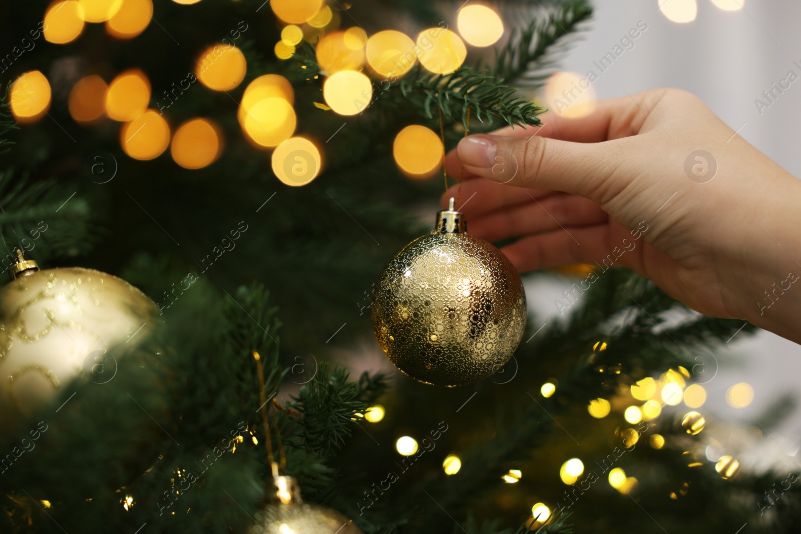 Photo of Woman decorating fir tree with golden Christmas ball indoors, closeup