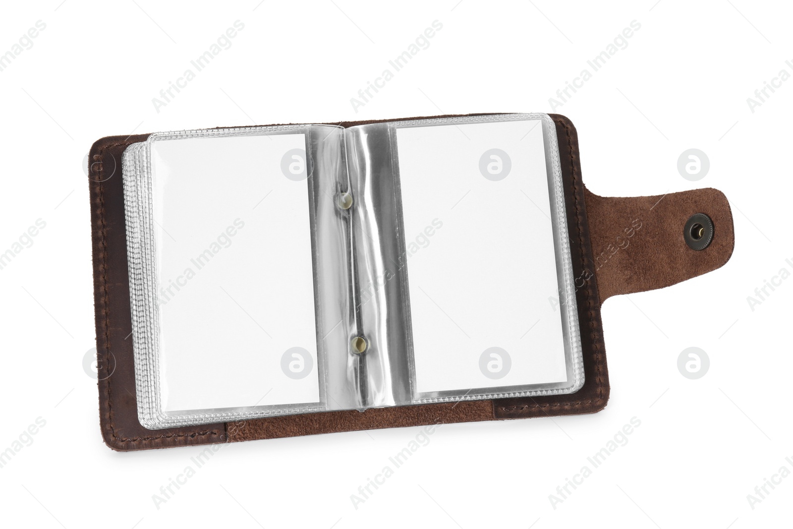 Photo of Leather business card holder with blank cards isolated on white
