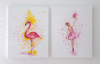 Photo of Beautiful pictures of flamingo and ballerina on light wall. Decoration for interior design