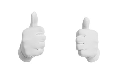 Magician showing thumbs up on white background, closeup