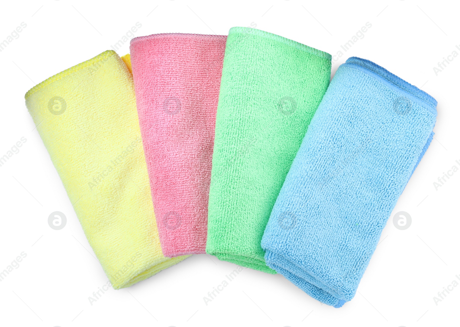 Photo of Colorful microfiber cloths on white background, top view