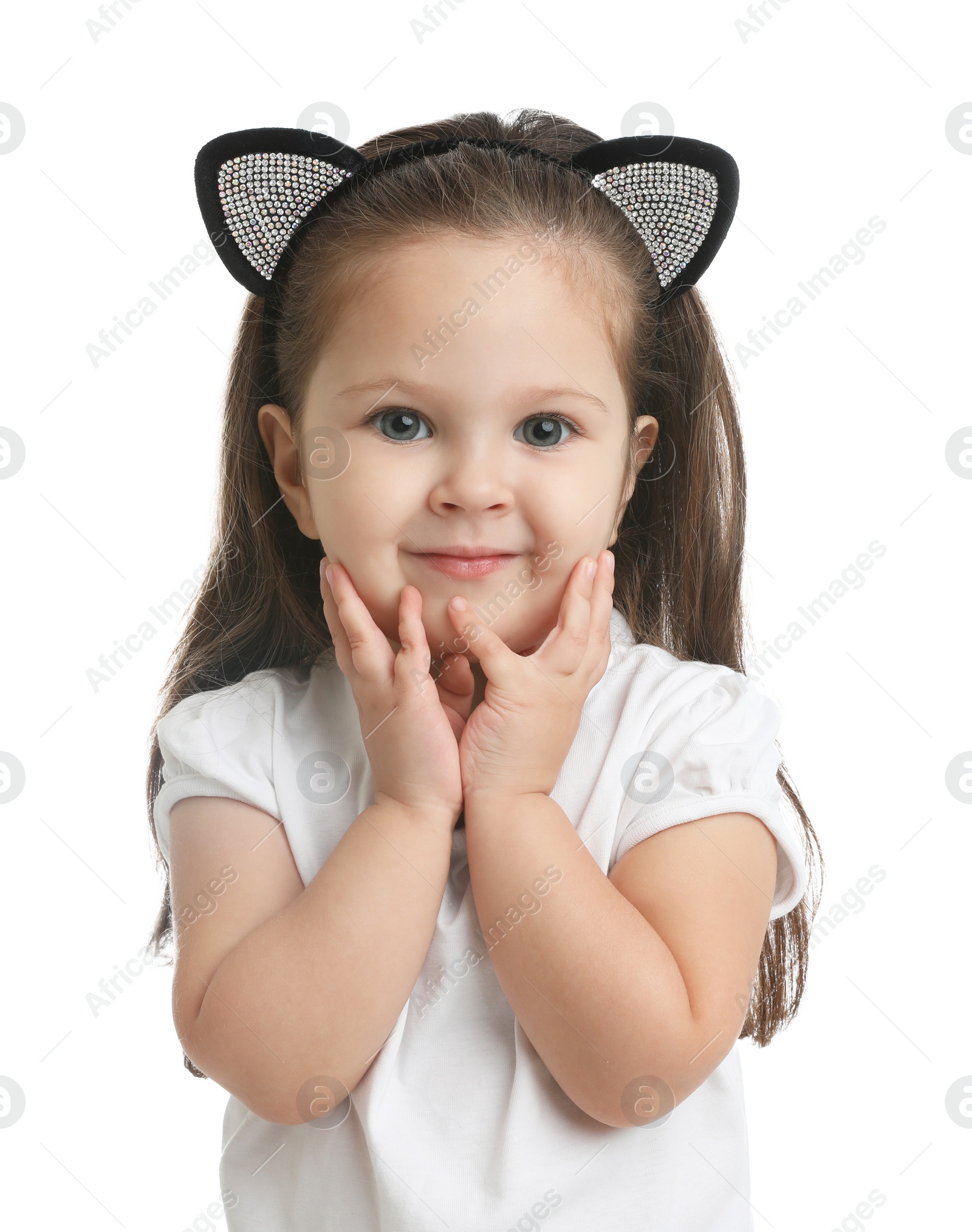 Photo of Portrait of cute little girl on white background