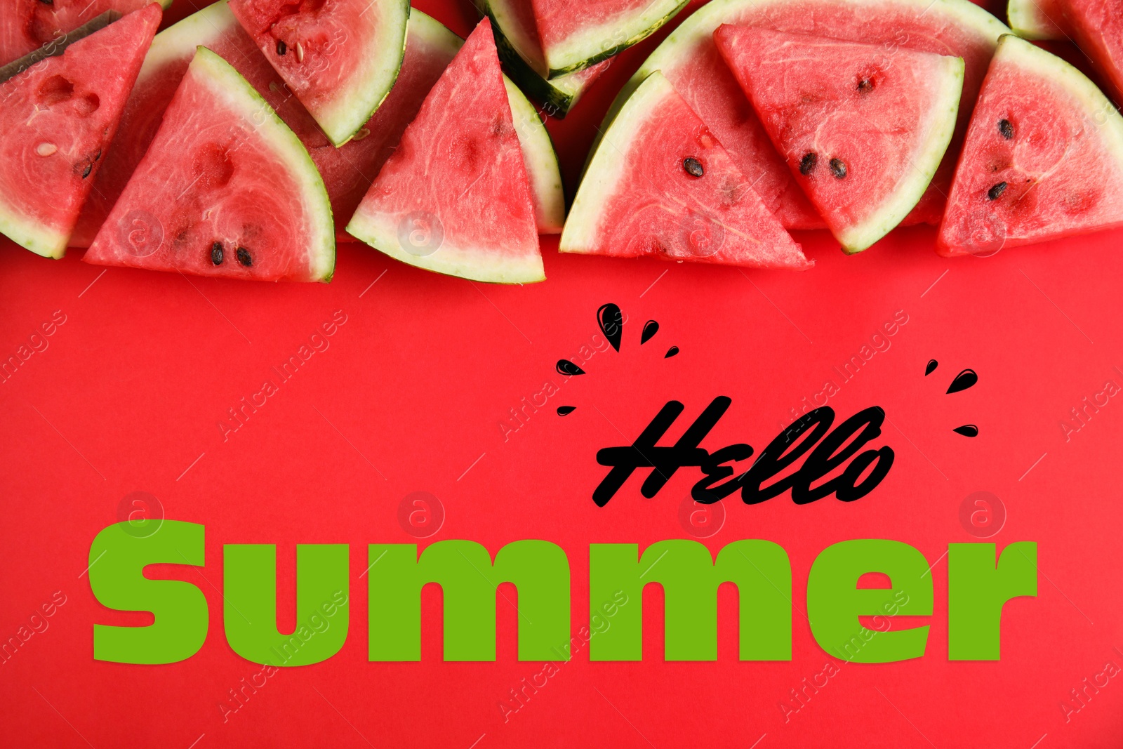 Image of Hello Summer. Slices of ripe watermelon on red background, flat lay 