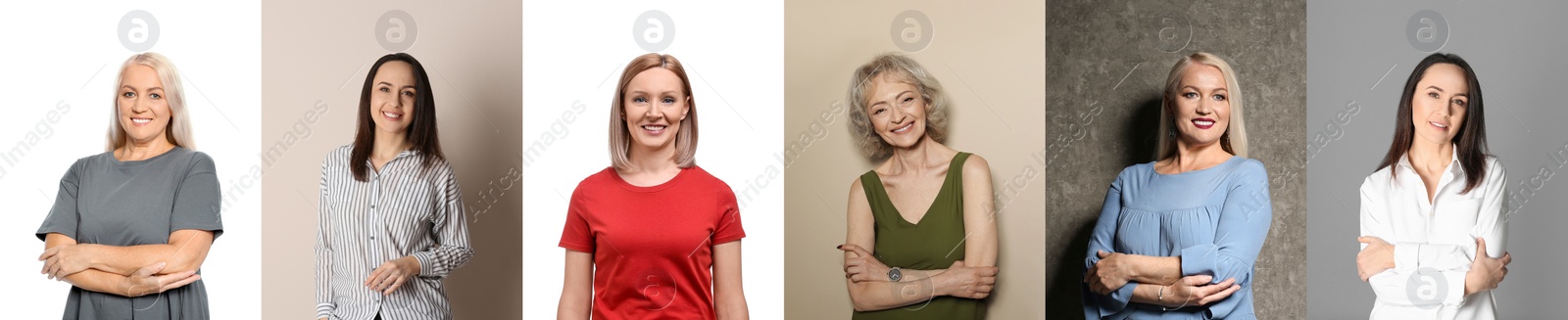 Image of Beautiful ladies on different color backgrounds, collection of photos