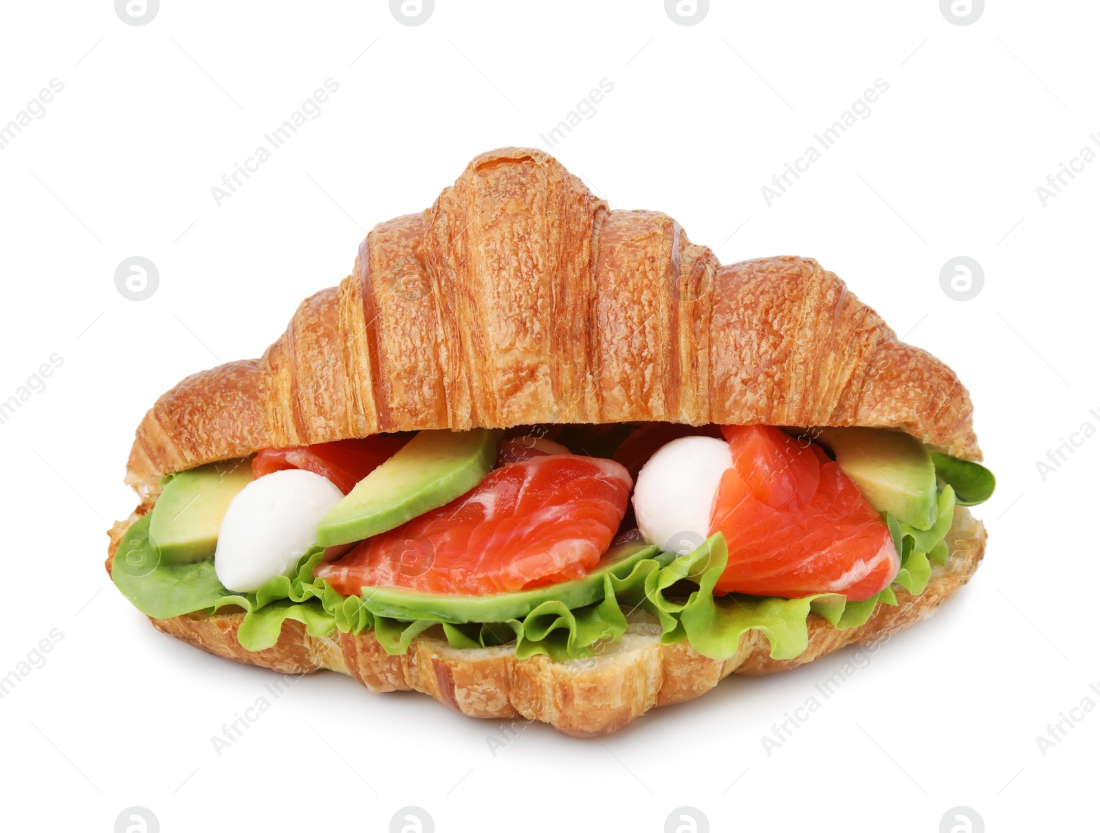 Photo of Tasty croissant with salmon, avocado, mozzarella and lettuce isolated on white