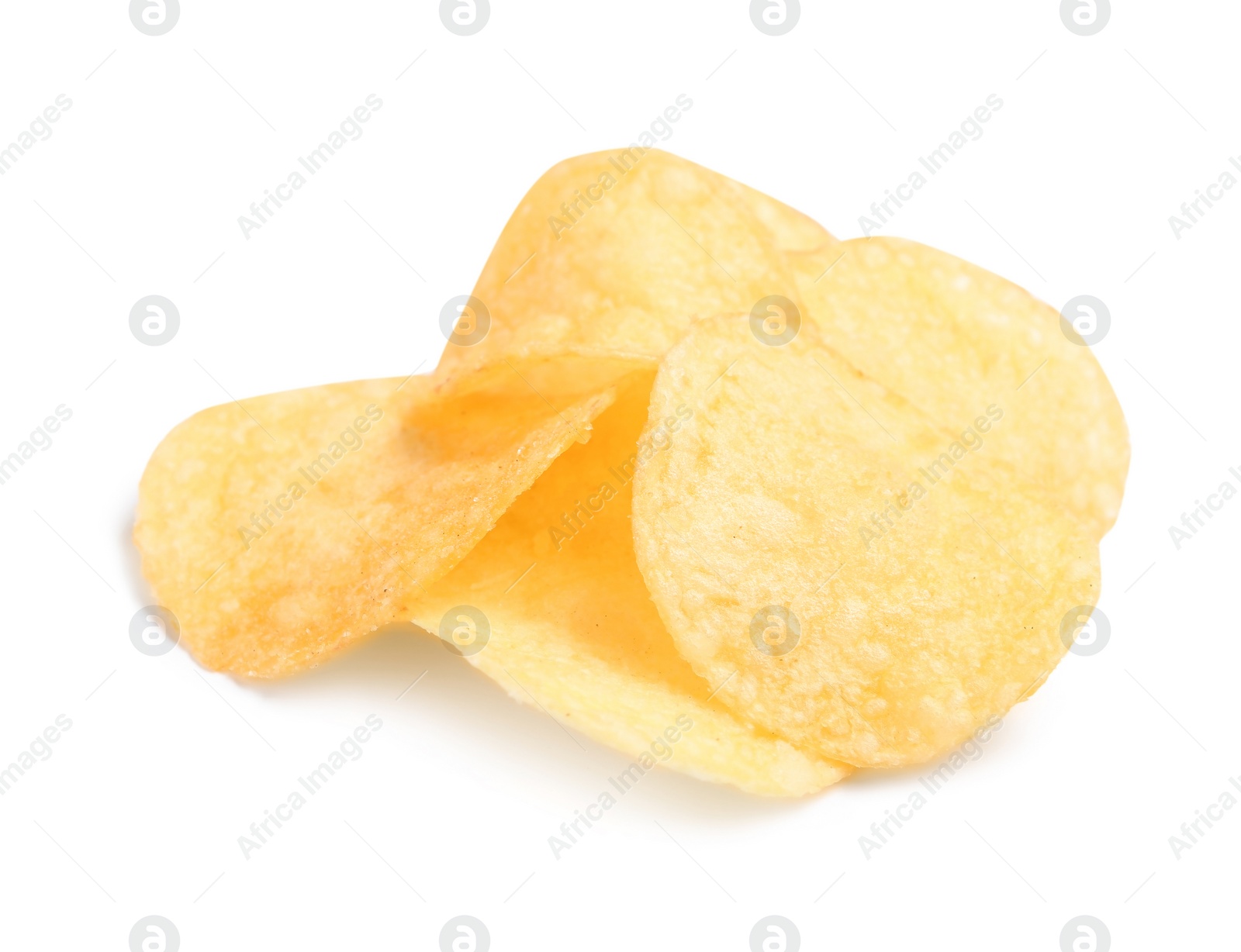 Photo of Tasty crispy potato chips on white background