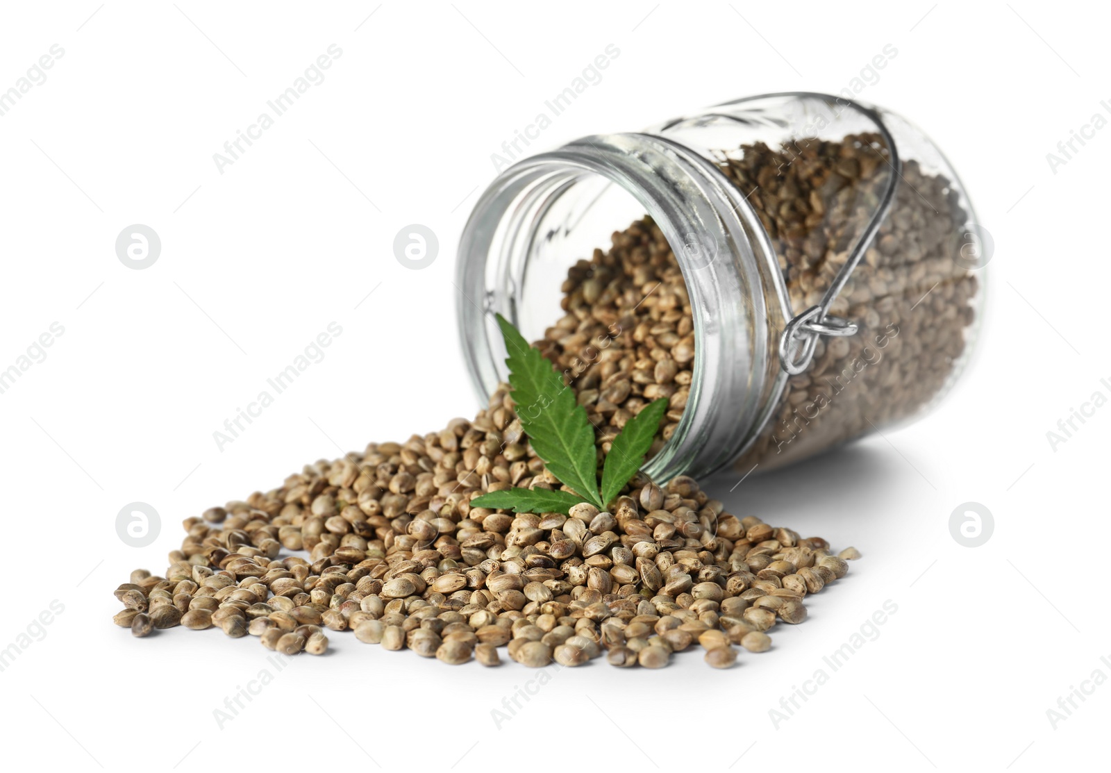 Photo of Overturned jar with hemp seeds and green leaf on white background