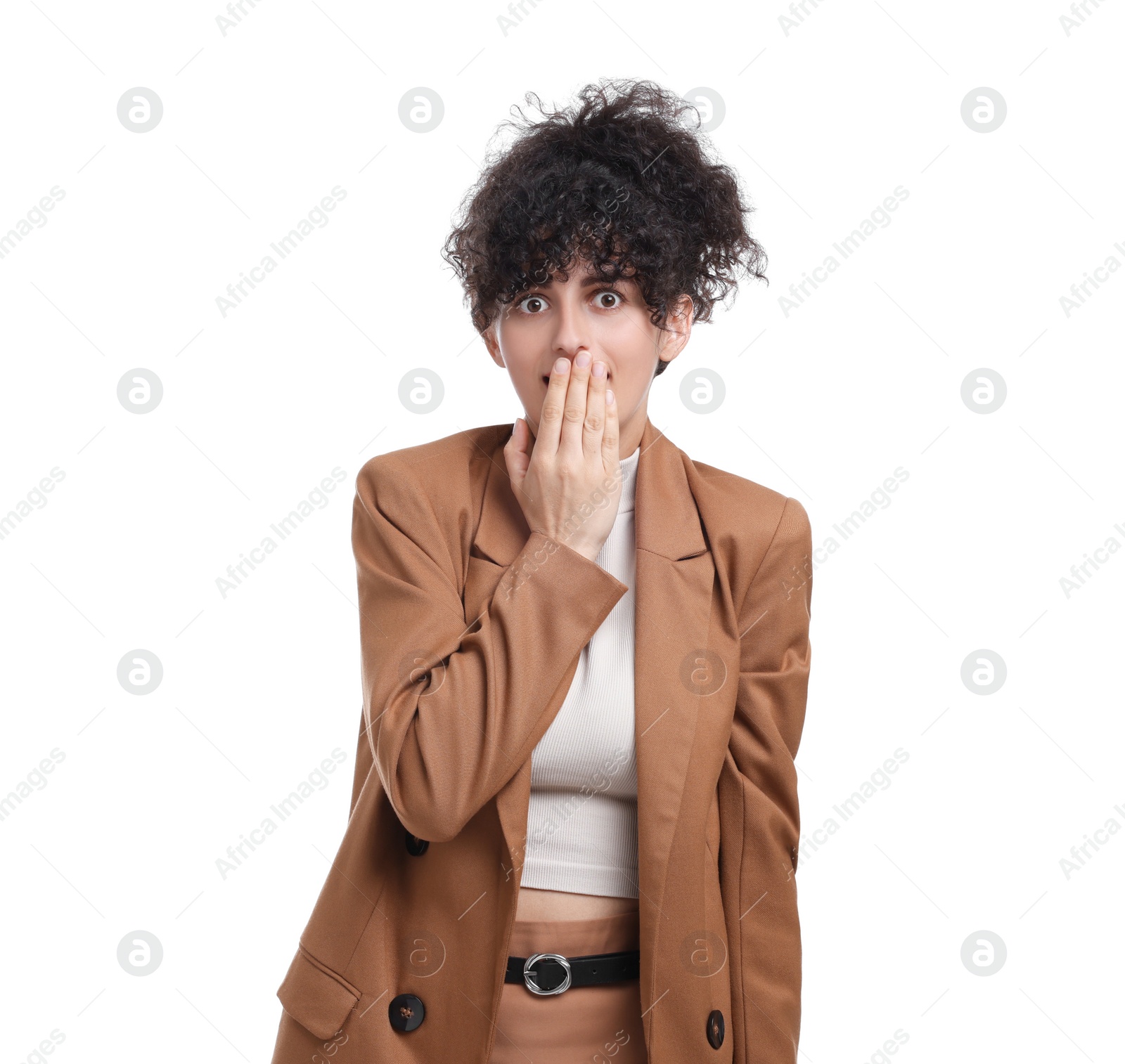 Photo of Beautiful emotional businesswoman in suit on white background