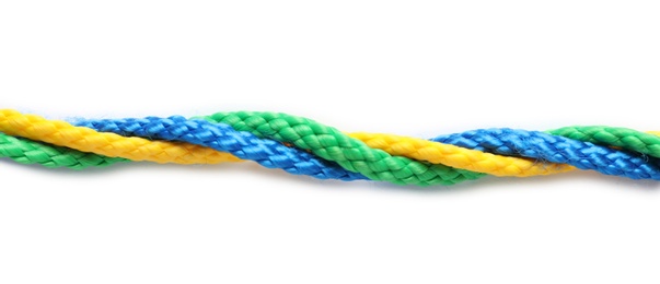 Photo of Twisted ropes strings on white background. Unity concept