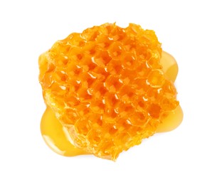 Piece of natural honeycomb with tasty honey isolated on white, top view