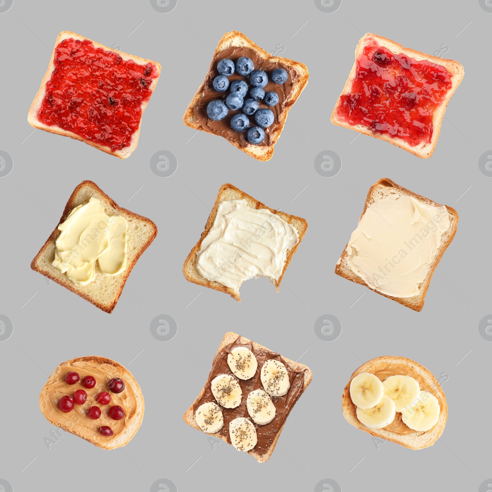 Image of Set of delicious toasted bread with different toppings on grey background, top view