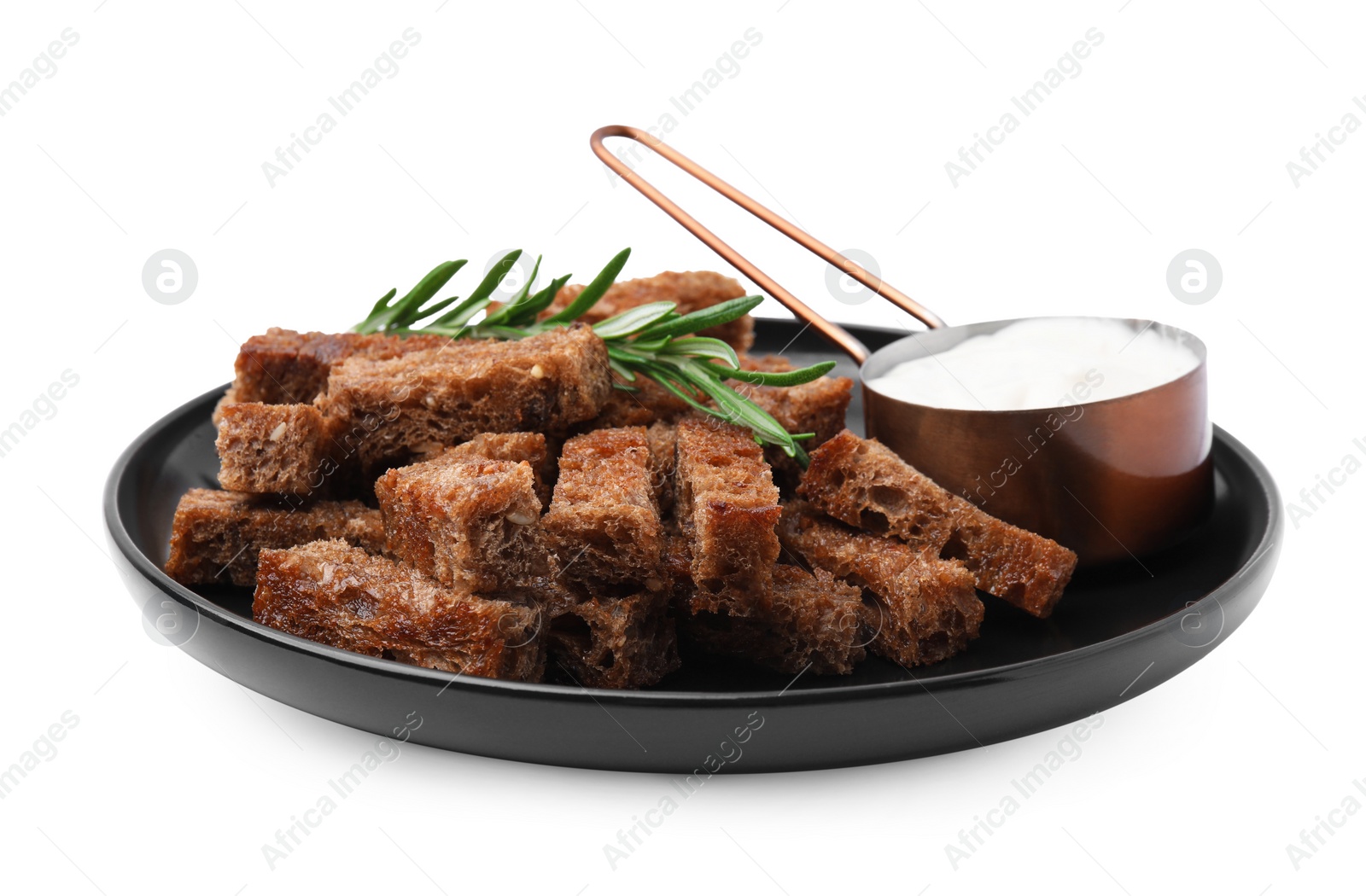 Photo of Crispy rusks with rosemary and sauce isolated on white