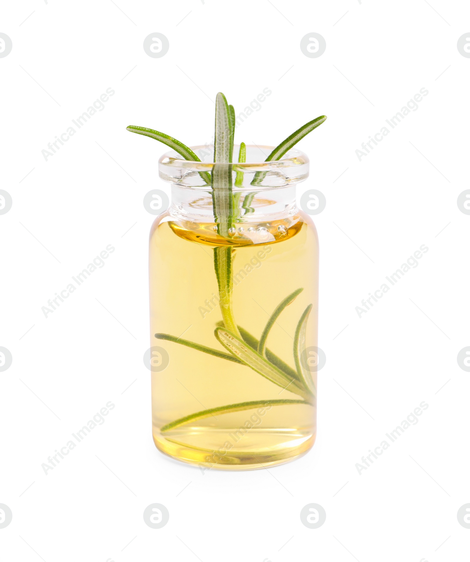 Photo of Bottle of essential oil with fresh rosemary sprig isolated on white