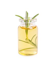 Photo of Bottle of essential oil with fresh rosemary sprig isolated on white