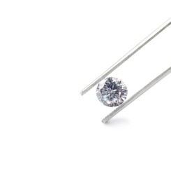 Photo of Tweezers with beautiful shiny diamond isolated on white