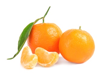 Tasty ripe tangerines on white background. Citrus fruit