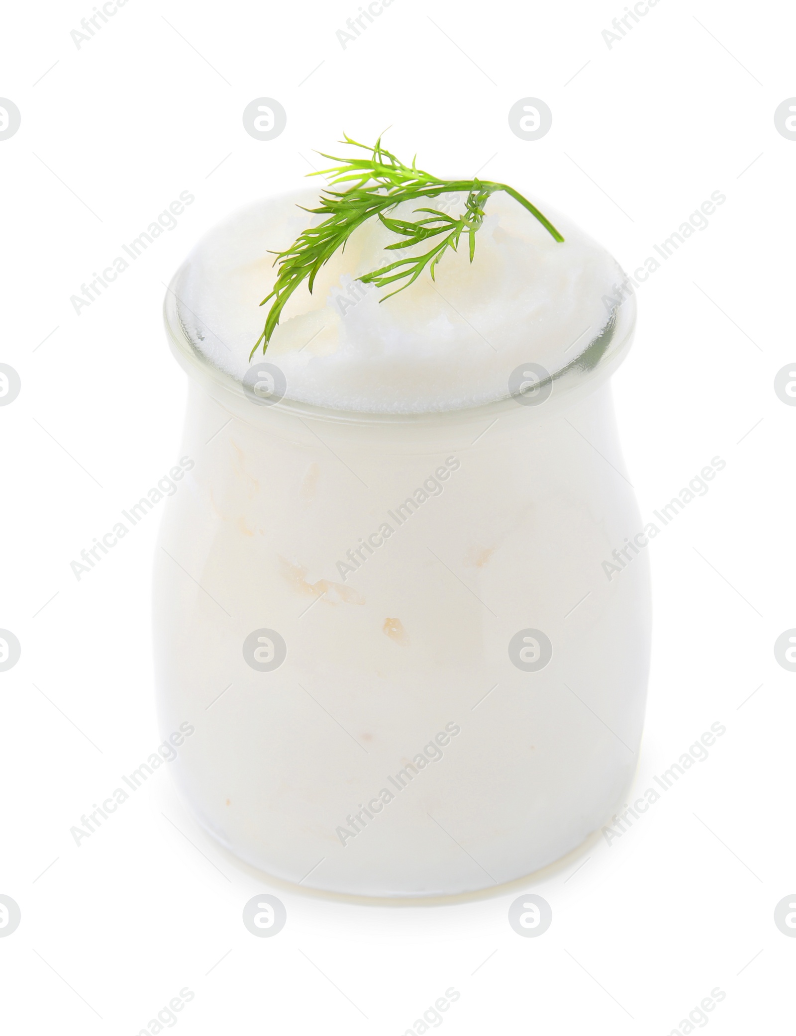 Photo of Delicious pork lard with dill in glass jar isolated on white