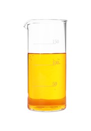 Photo of Glass beaker with orange liquid isolated on white