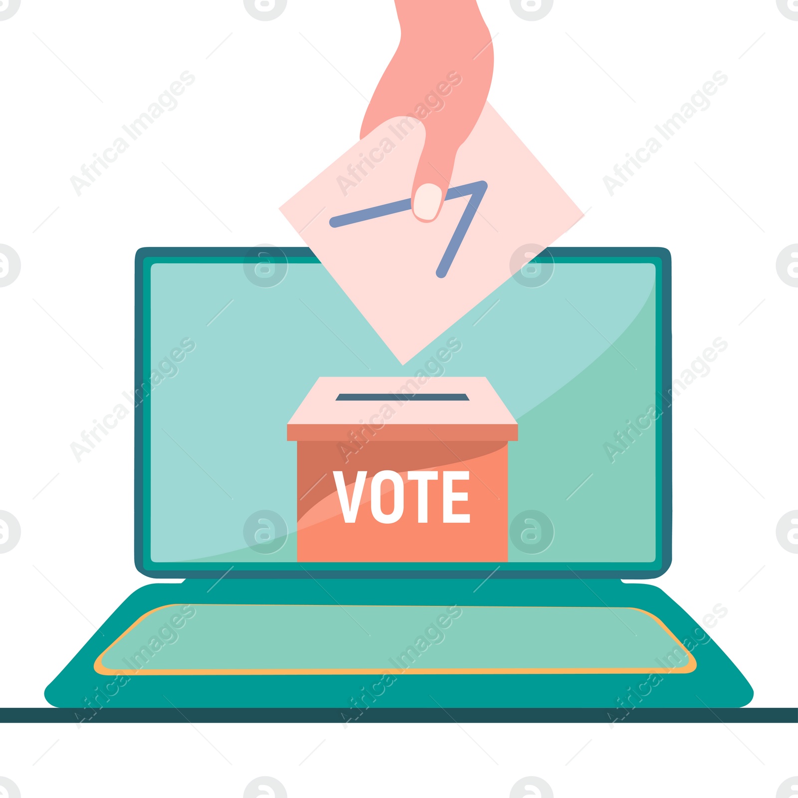 Illustration of  woman holding ballot and laptop with image of box on white background. Online voting concept