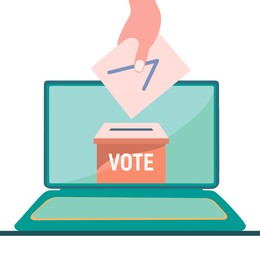 Illustration of  woman holding ballot and laptop with image of box on white background. Online voting concept