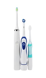 Photo of Electric toothbrushes on white background. Dental care