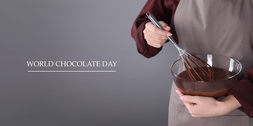 Image of World Chocolate Day. Woman whisking yummy chocolate cream on grey background, closeup. Banner design