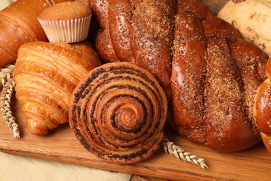 Different tasty freshly baked pastries on wooden board, above view
