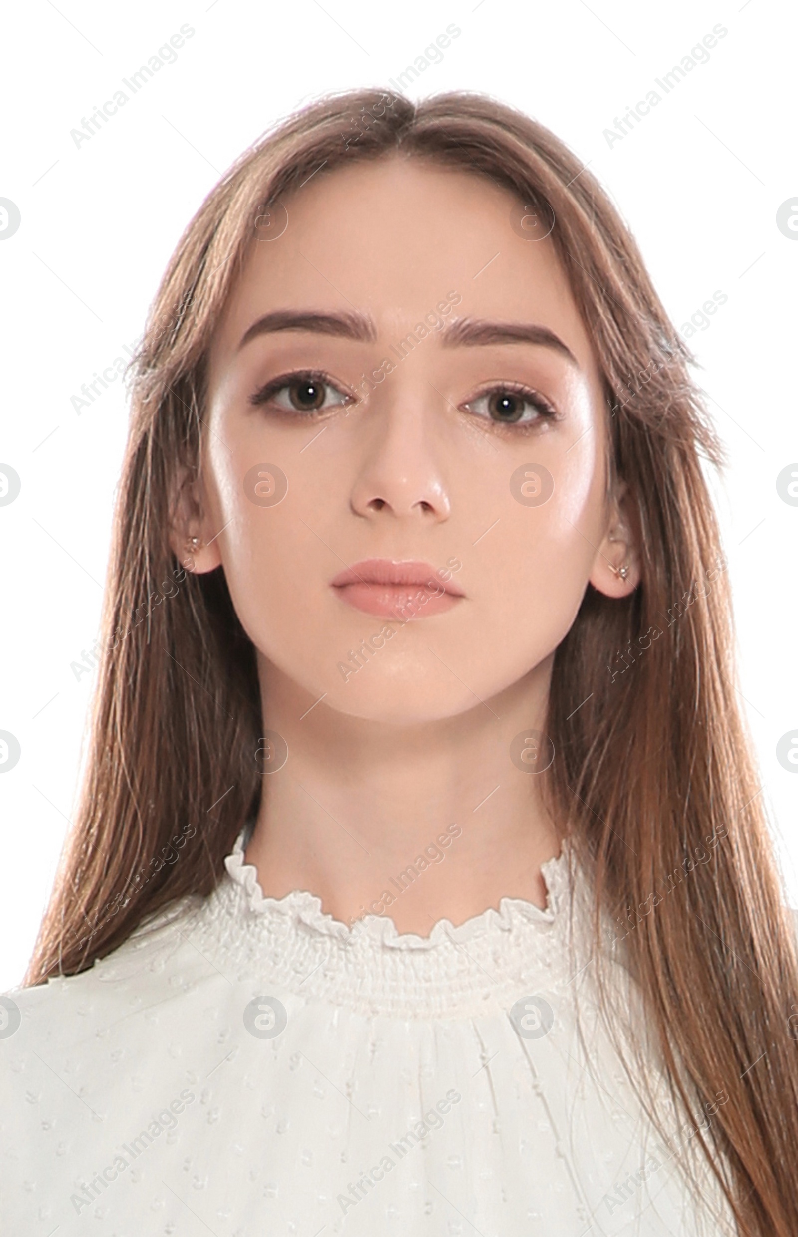 Image of Passport photo. Portrait of woman on white background