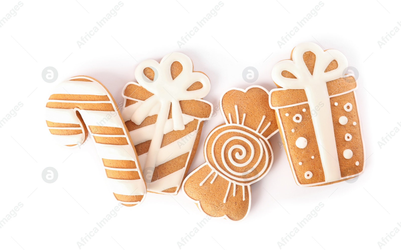 Photo of Different delicious Christmas cookies on white background, top view