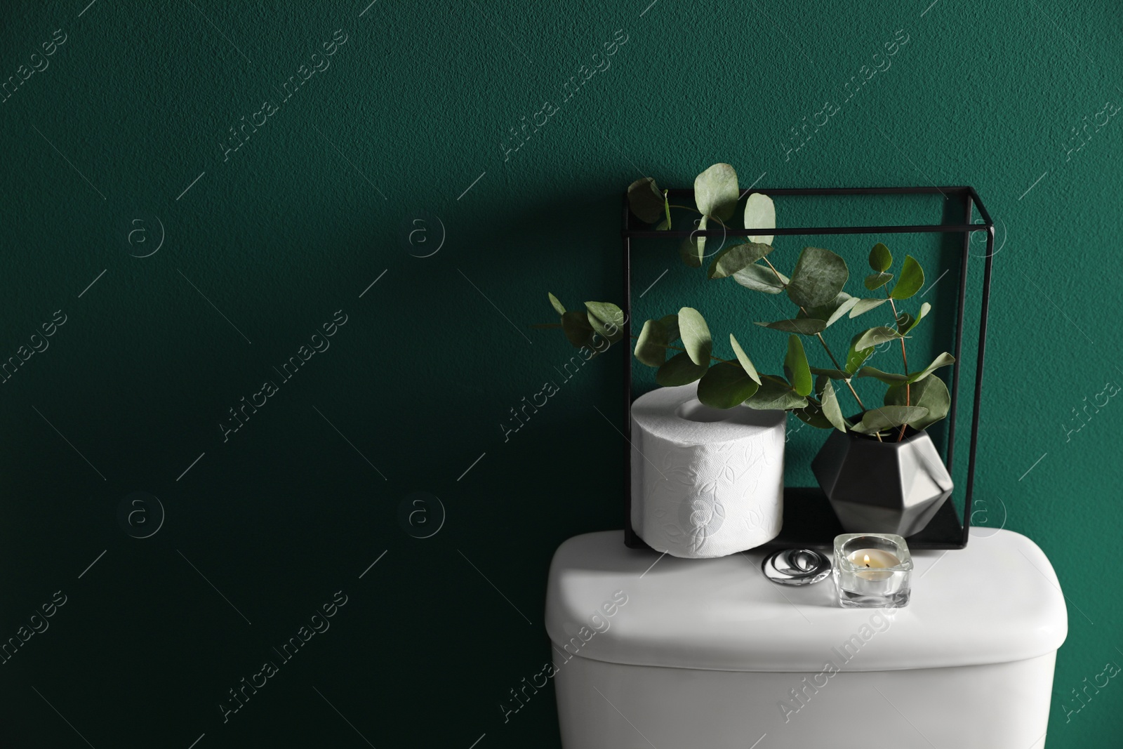 Photo of Decor elements and paper roll on toilet tank near green wall, space for text. Bathroom interior