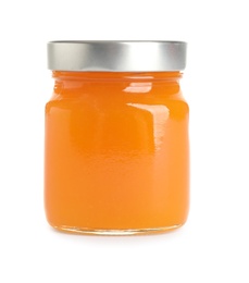 Photo of Tasty tangerine jam in glass jar isolated on white