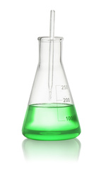 Photo of Conical flask with light green liquid isolated on white