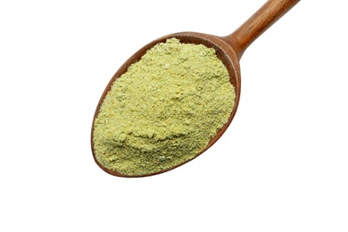 Photo of Spoon of hemp protein powder isolated on white, top view