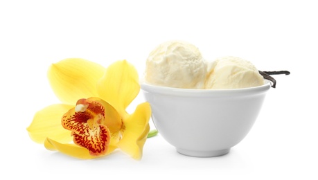 Photo of Bowl with delicious vanilla ice cream and flower on white background