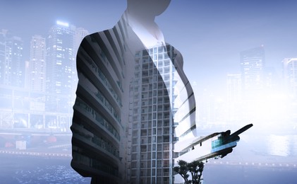 Image of Double exposure of businesswoman and cityscape. Leadership concept
