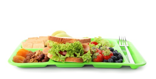 Tray with tasty food on white background. School lunch