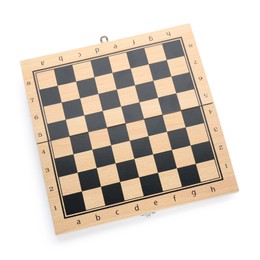 Photo of Empty wooden checkerboard isolated on white, top view