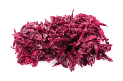 Photo of Pile of tasty red cabbage sauerkraut isolated on white